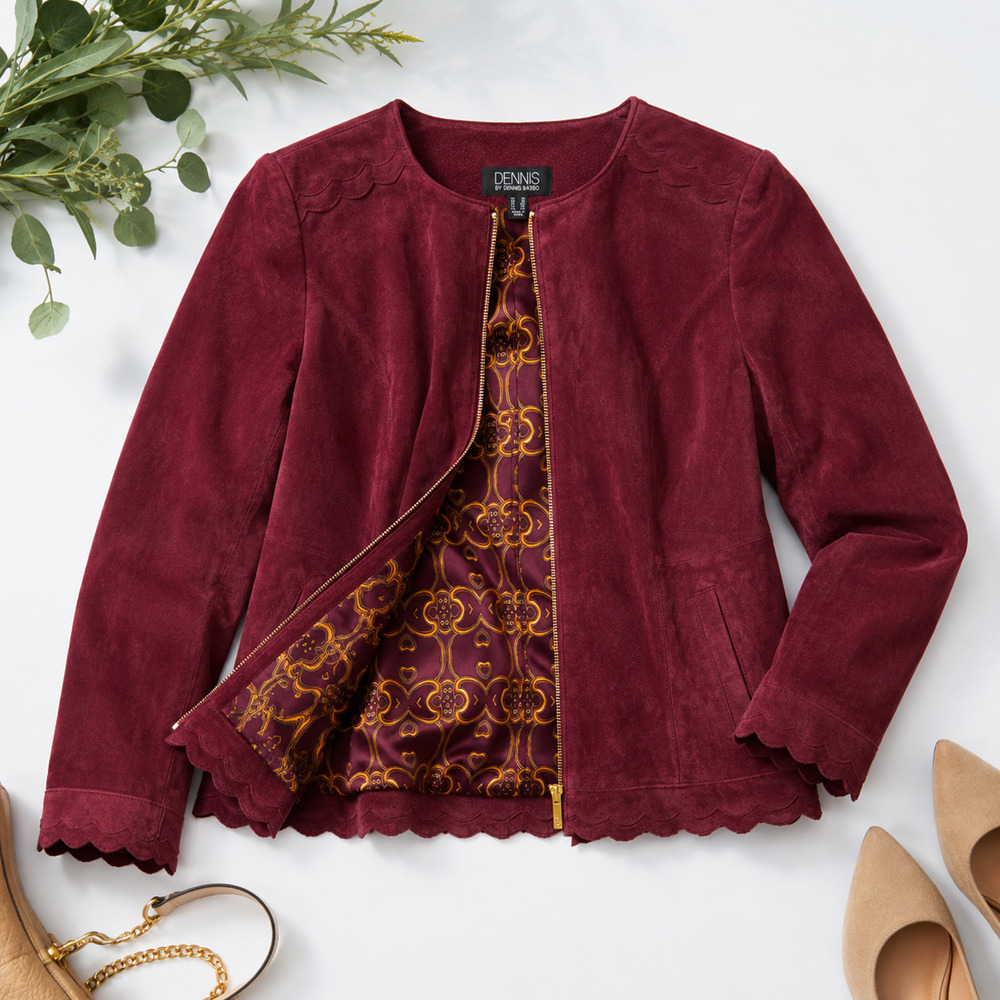 Dennis Basso Genuine Suede Leather Jacket Women's 10 Burgundy Scalloped Trim